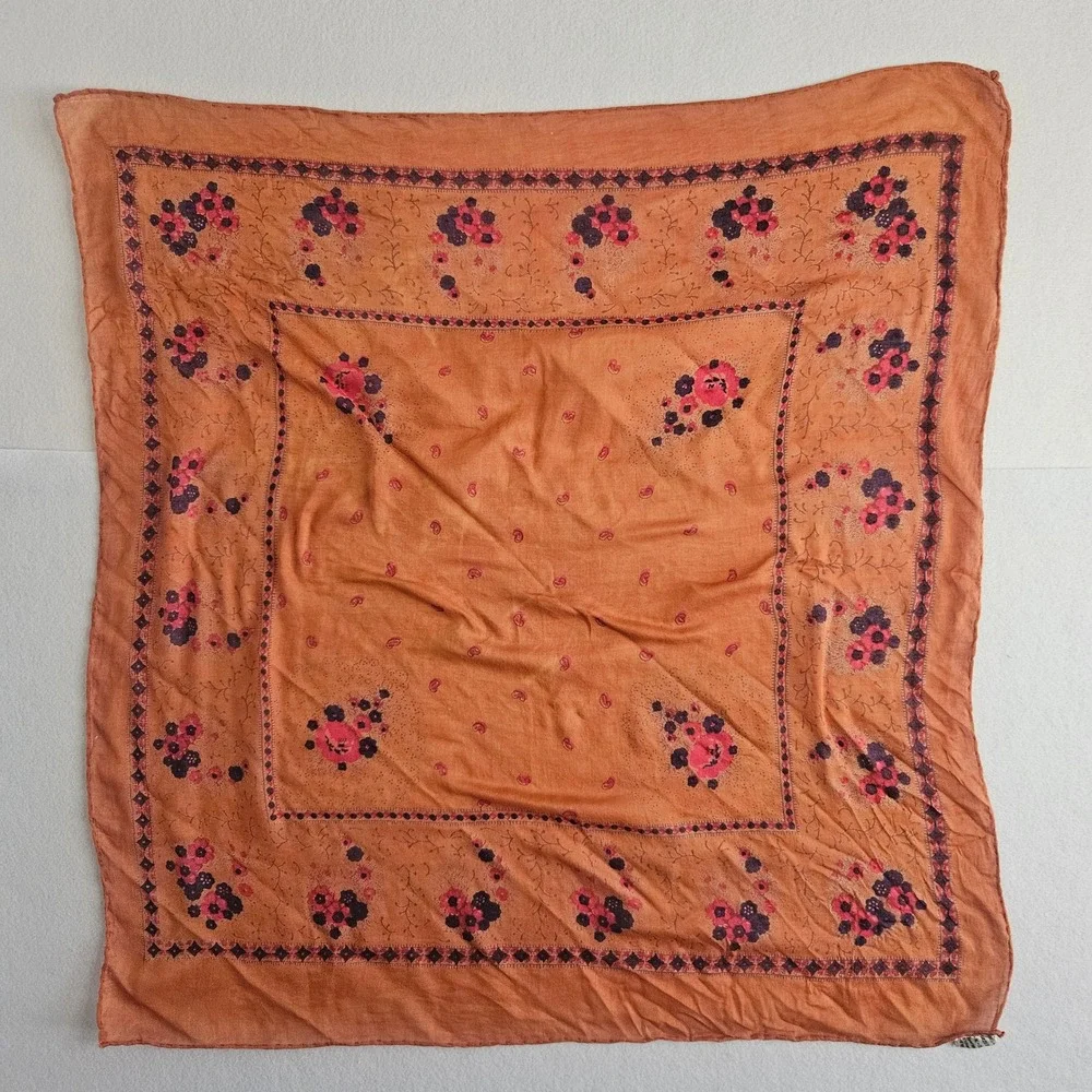Vintage Floral Paisley Square Scarf Terracotta Orange Pink Purple Made in India‎